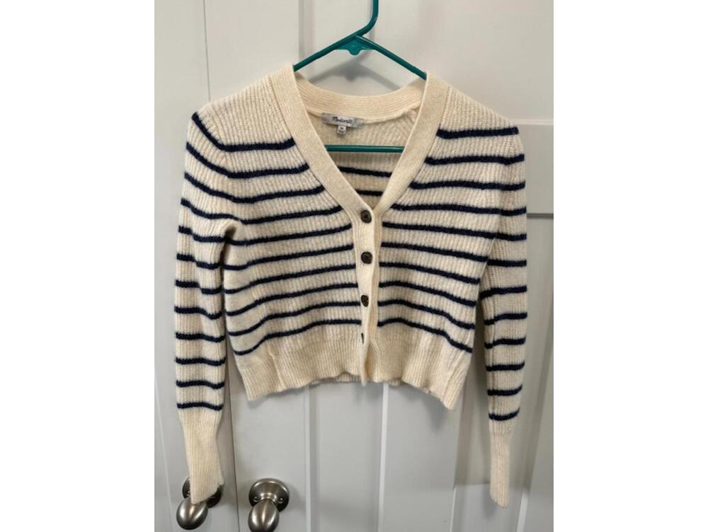 Madewell striped blue and cream cropped cardigan V-neck wool & cashmere size XS